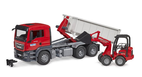 Bruder MAN TGS truck with roll-off container and Schäffer yard loader